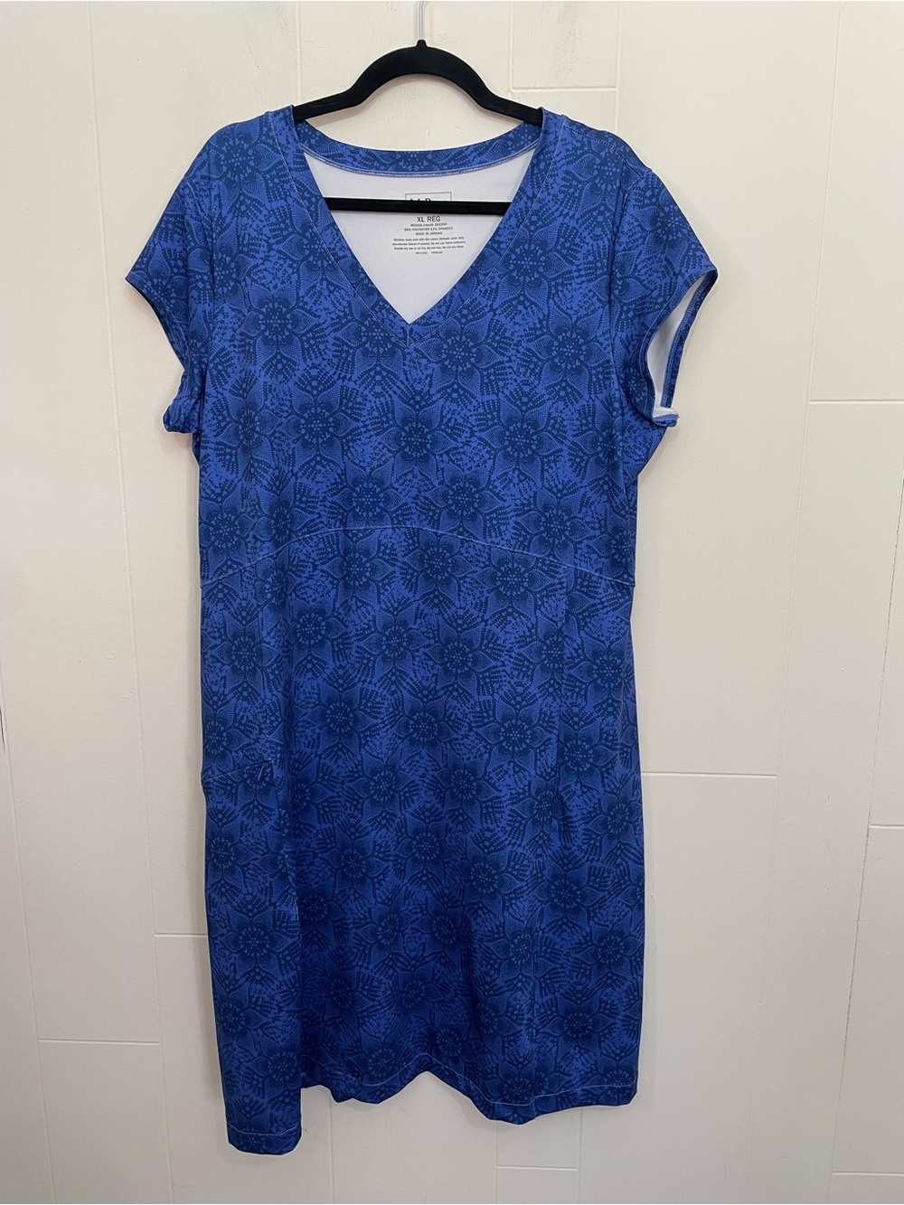 L.L. Bean Short Sleeve Dress Size XL REG Blue Print Zippered Pocket Stretch